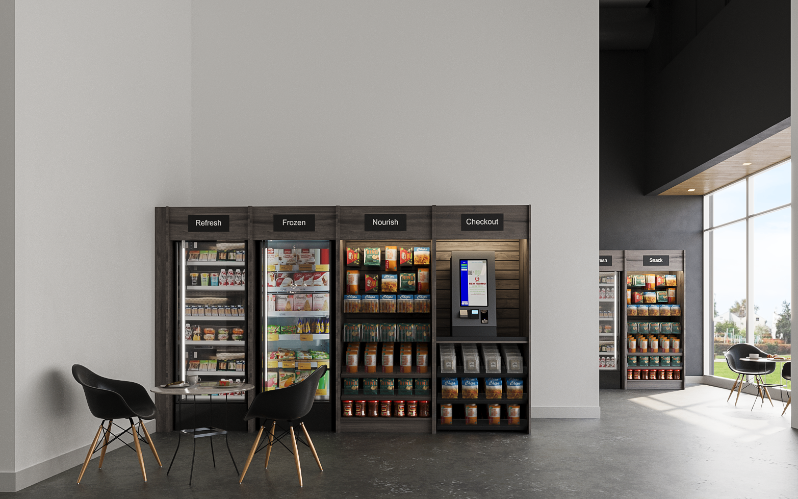 Refreshed break room with micro market shelving and seating